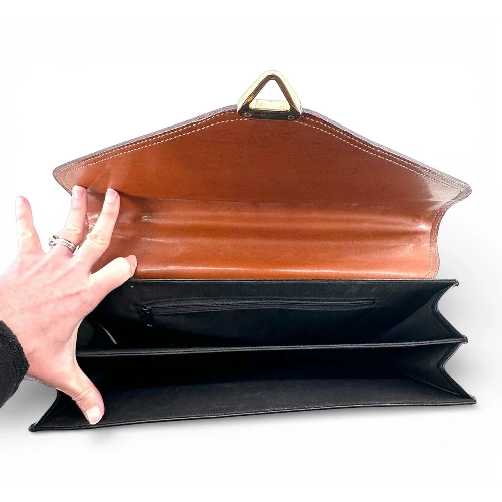 Vintage Moda Italiana Black Brown Leather Briefcase Document Bag